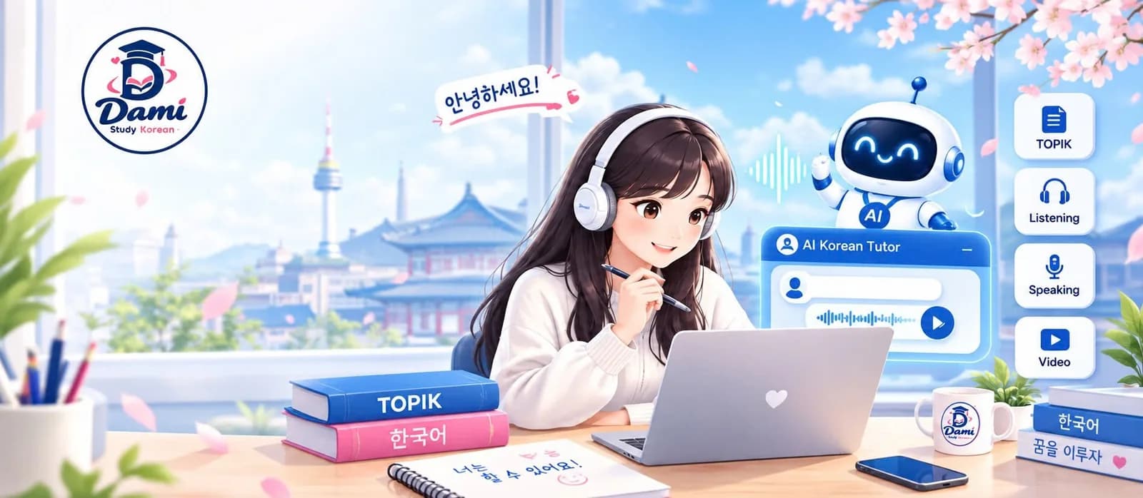 Học viên đeo tai nghe học tiếng Hàn trên máy tính cùng trợ lý AI của Dami Study Korean